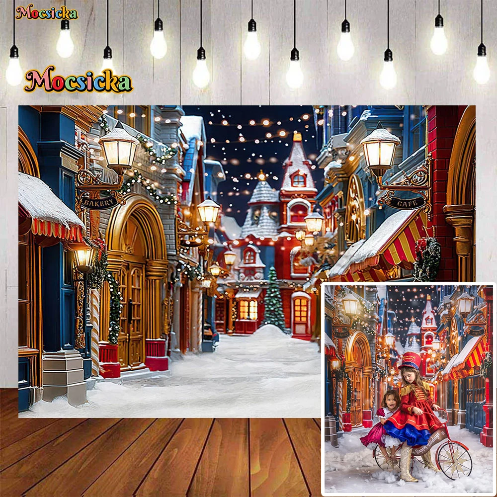 Winter Night Street Lane Background Photography Glitter Lamps Christmas Gift Shop Snowflake Backdrop Kid Birthday Portrait Photo