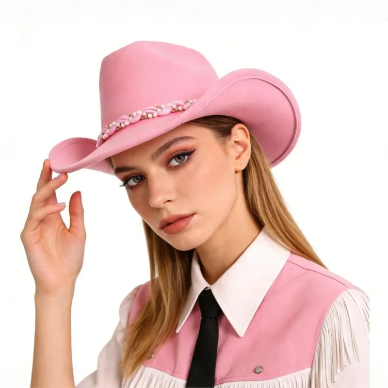 Sweet and spicy felt hat for warmth pearl woven women's top atmosphere