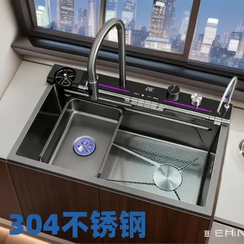 for Feiyu 304 Stainless Steel Digital Display Honeycomb Embossed Nano Black Thickened Large Single Bowl Manual Kitchen Sink
