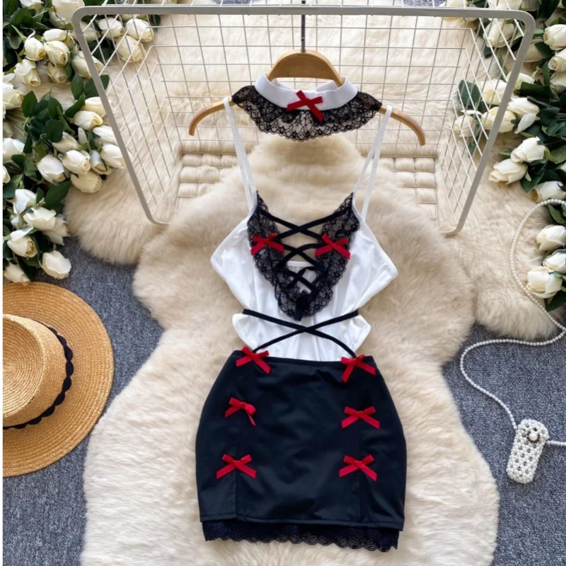 Women 2 Piece Sets Hollow Backless Deep V One-piece Bodysuit with Skirt Outfits Vintage Y2k Skirt Sets 2000s Clothes Summer