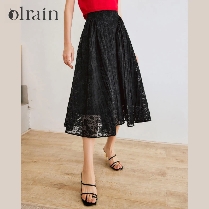 OLrain Summer 2026 Flared Skirt Women Elegant Vintage High Waist Black Jacquard Umbrella Midi Skirt Female Clothing O22XB01886