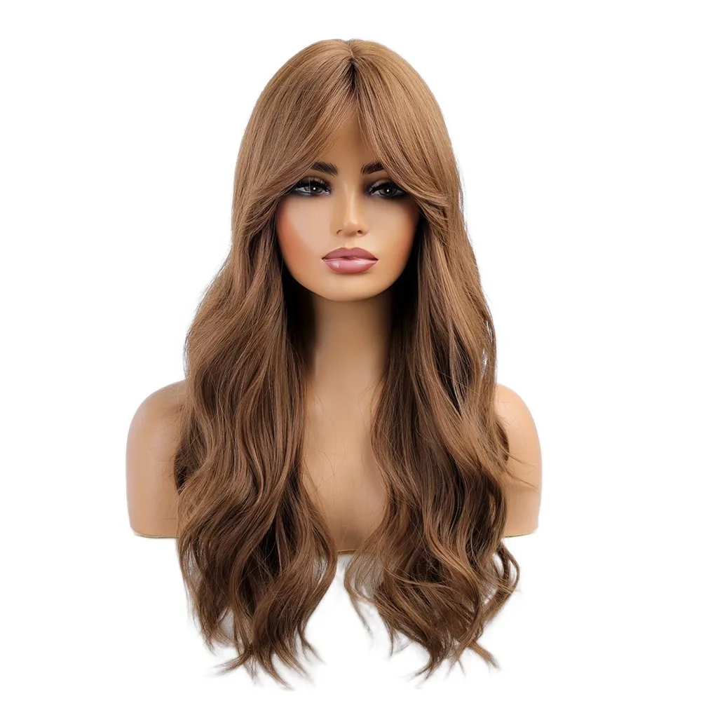

Long Wavy Heat Resistant Hair Natural Brown Cosplay Wig With Fringe Layered