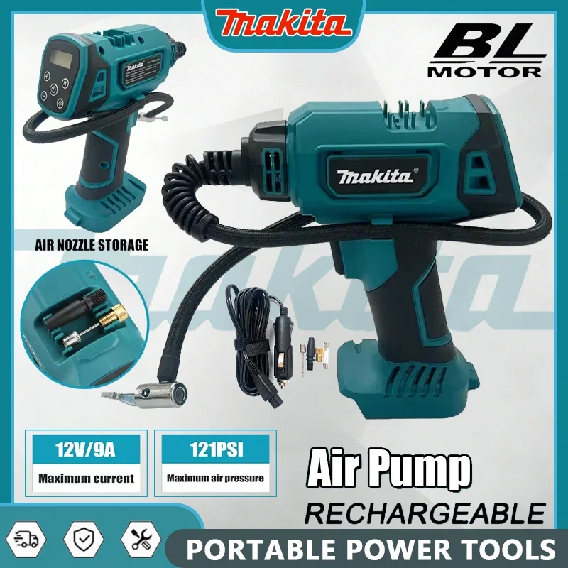 

Беспроводной электрический воздушный насос Makita, перезаряжаемый автоматический насос для накачивания автомобильных шин, портативный инструмент для дома, работает от аккумулятора 18В.