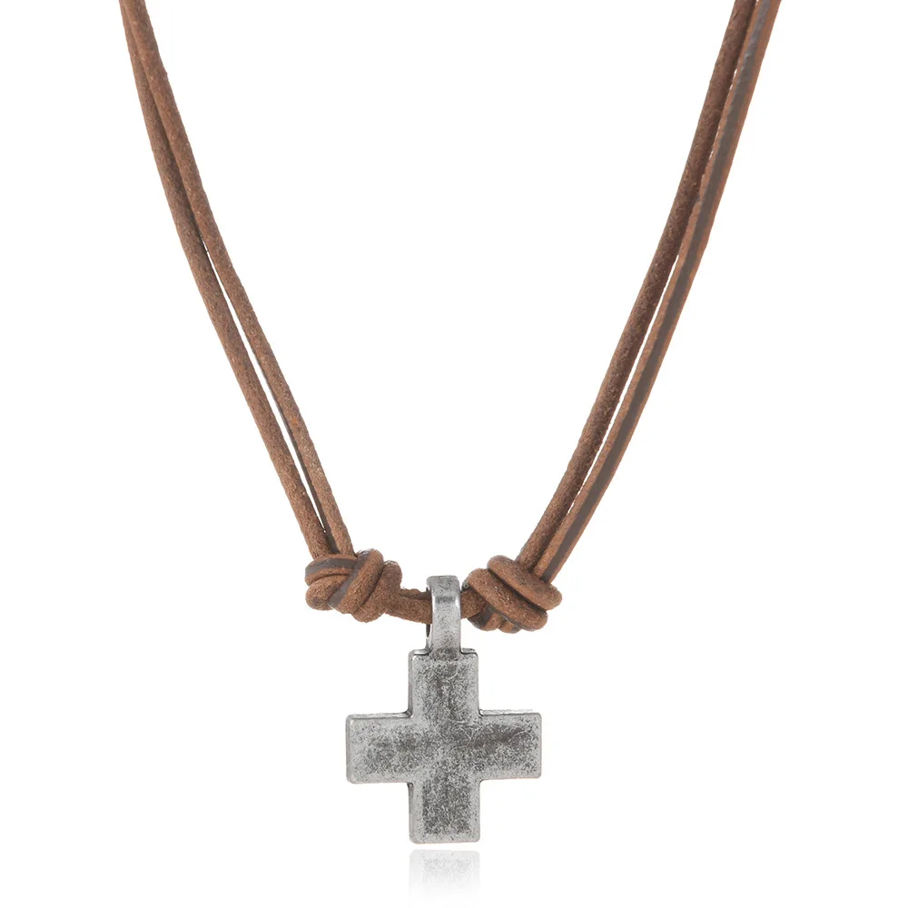 1 Piece Women and Men Retro Woven Cross Pendant Necklace Rope Leather Necklace for Women