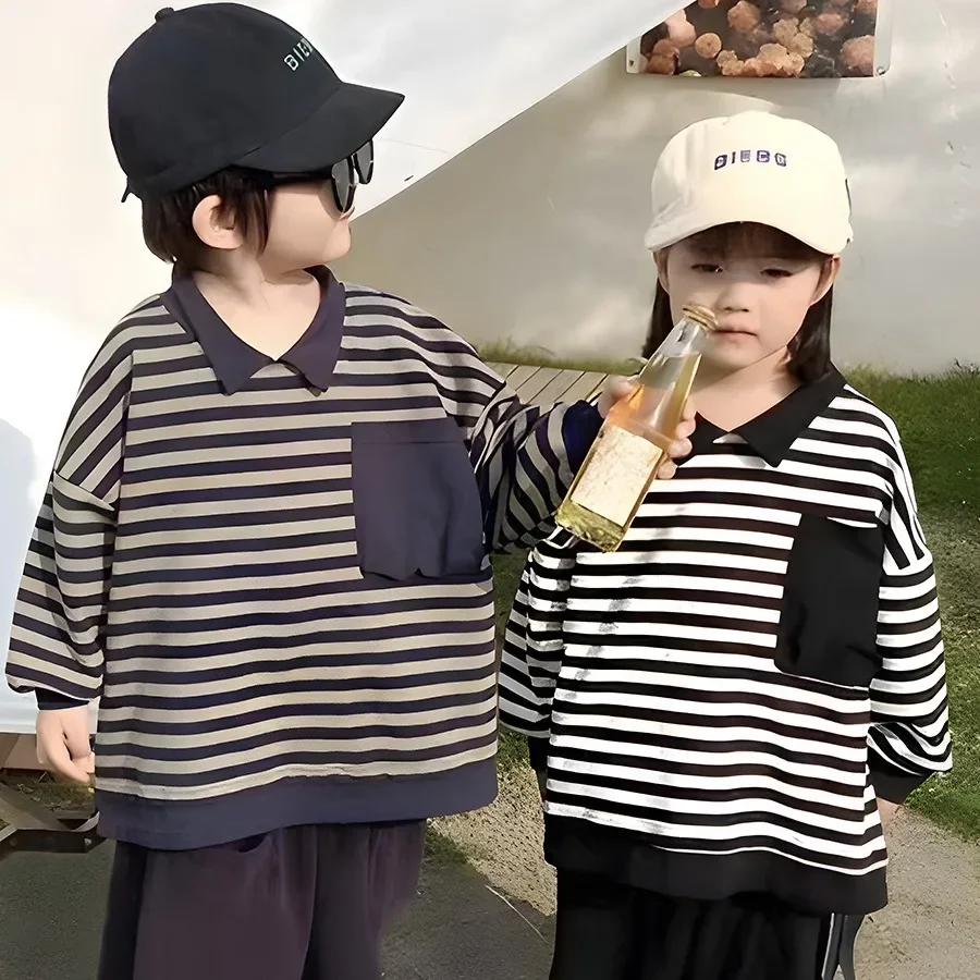 

Children's Spring 2024 New Striped Pocket Sweatshirt Boys Undershirt Western Style Cool Handsome Baby Boy's Clothing Top