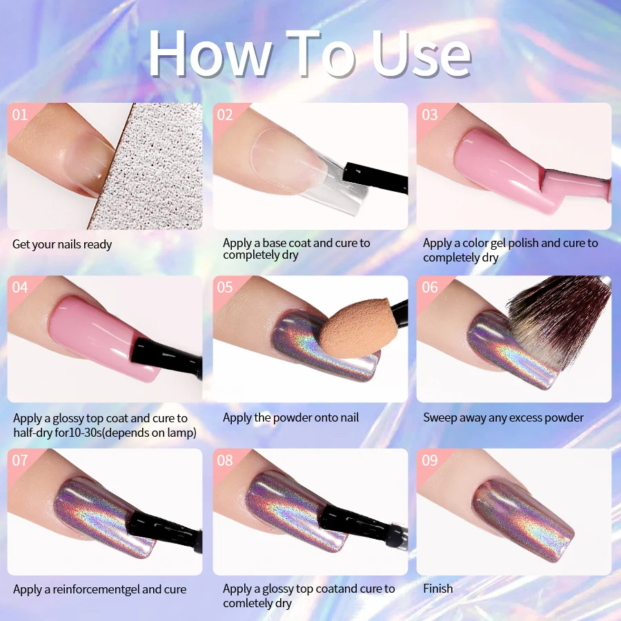 LIMEGIRL Polvere glitter per unghie Decorazione per nail art Effetto specchio metallico Polvere di pigmento olografica Aurora Chameleon per nail art