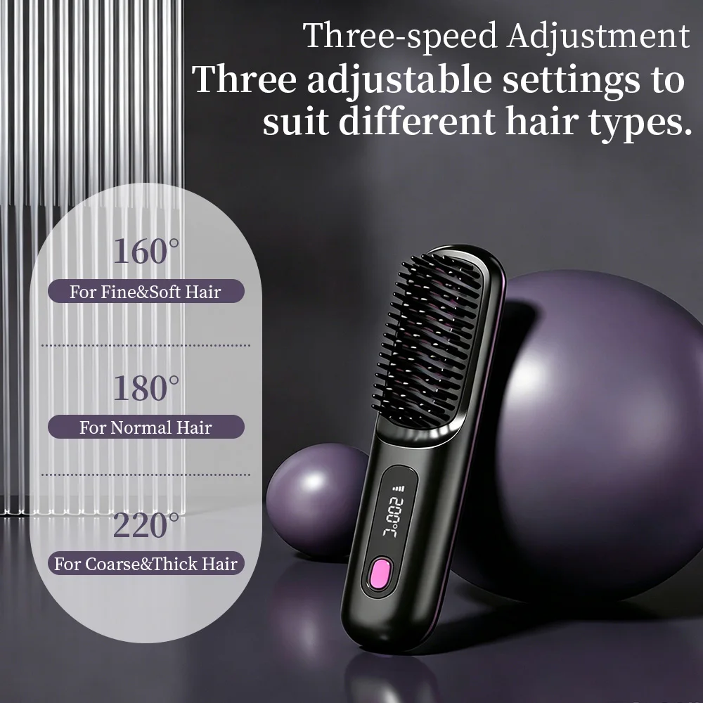 New Portable Wireless Straight Hair Comb Three-speed Adjustment USB Charging Curling and Straightening Black/White/Pink