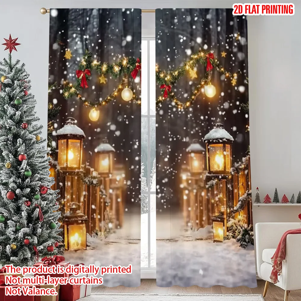 

2pcs 2D flat printing Merry Christmas Party Curtains Christmas tree wreath red bow bell Fabric Without Electricity Festive Wall