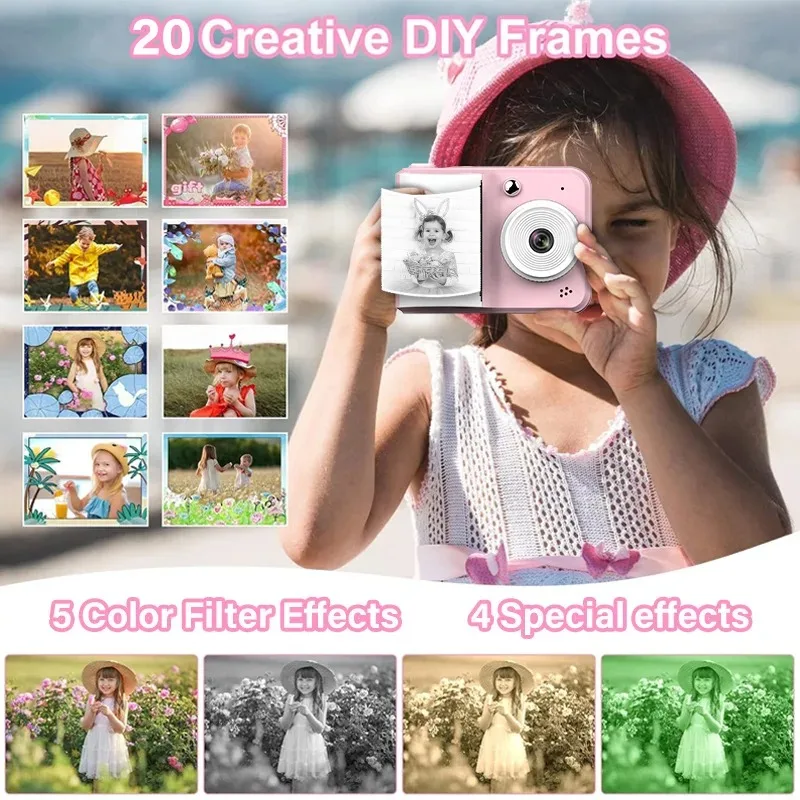 Câmera de impressão instantânea para crianças, brinquedo fotográfico de alta resolução, presente para meninas, presente de aniversário divertido com função de impressão de fotos