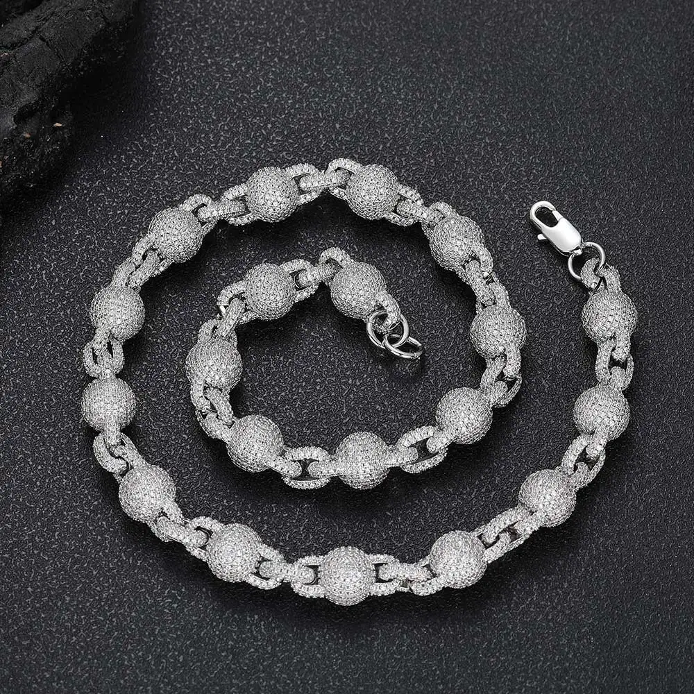 

10.5MM Round Ball Miami Cuban Necklace Micro Paved Cubic Zircon Iced Out Bead Chain Choker Mens Women Hip Hop Jewelry