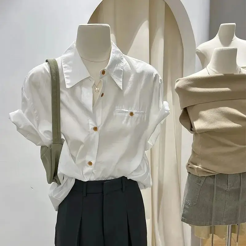White Pure Cotton Loose Fit Summer Shirt Women's Short Sleeve Thin Casual Design Korean Style New Top Button up Neck