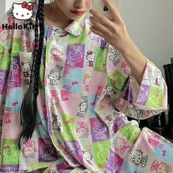 Sanrio Hello Kitty Cute Printed Long Sleeved Pajamas Sweet Y2k Girl Spring Autumn Sleepwear Korean Style Trendy Cartoon Home Set