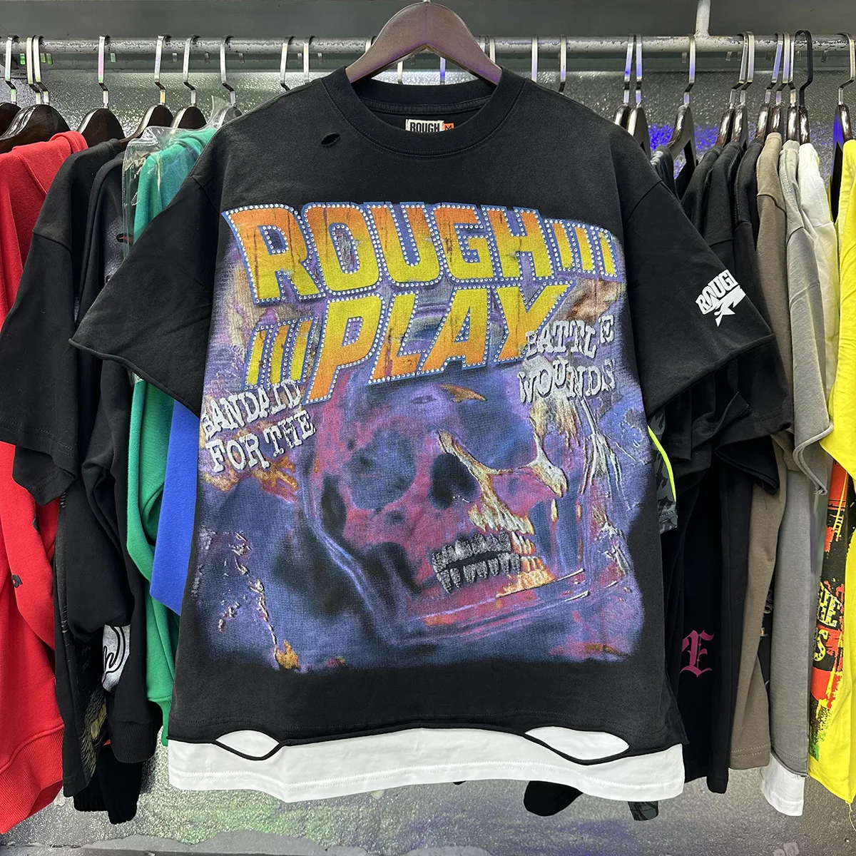Retro Skeleton Print Cotton T-Shirt Short Sleeve Distressed Denim Splice Youth Fashion Streetwear round Neck  Color