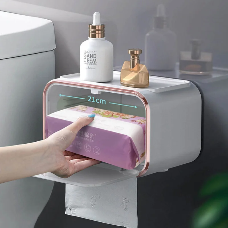 1pc Plastic Toilet Paper Roll Holder Wall Mounted Bathroom Tissue Box Punch Free Waterproof Storage Accessories Home