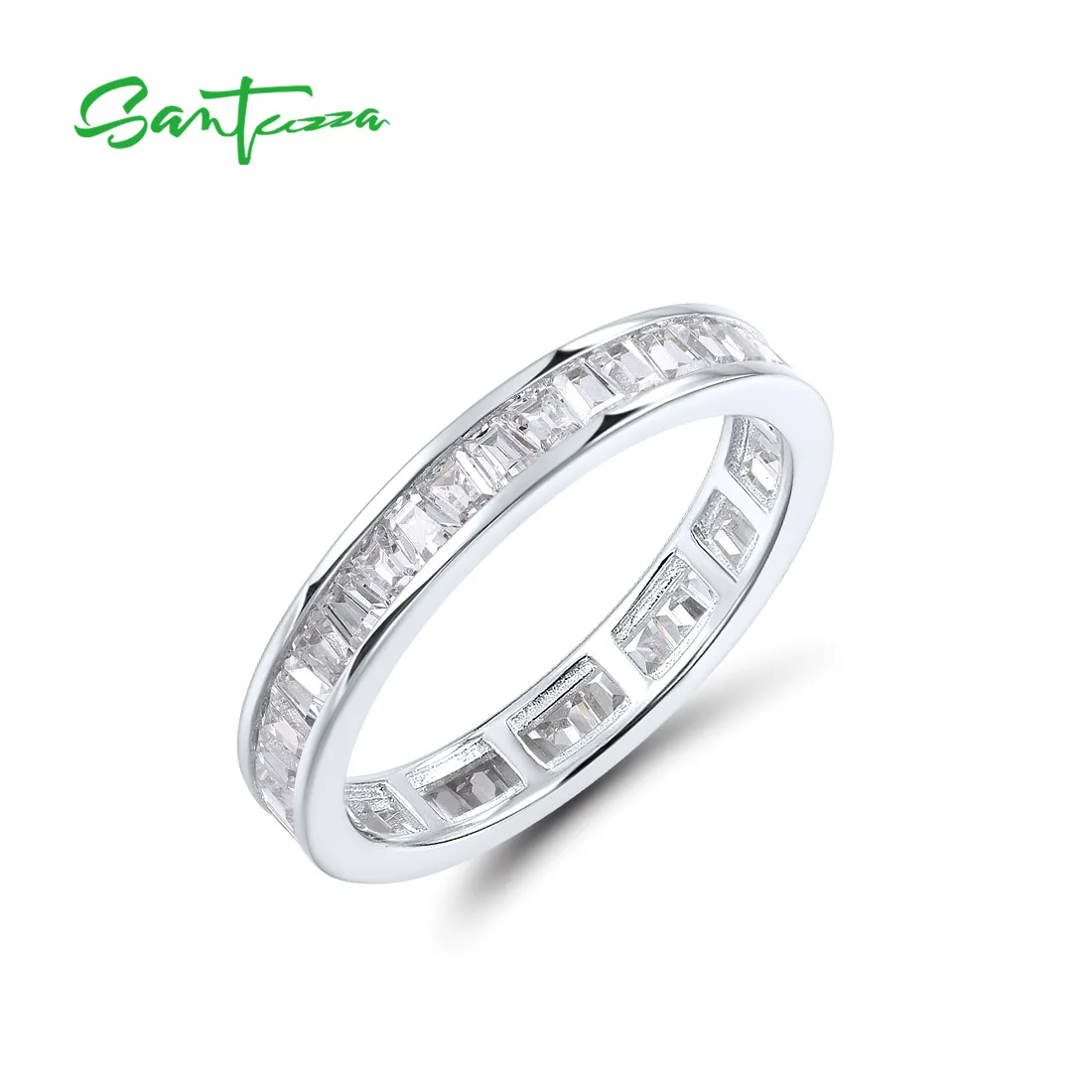 

SANTUZZA Pure 925 Sterling Silver Rings For Women Sparkling Princess Cut White CZ Eternity Ring Daily Wearing Gifts Fine Jewelry