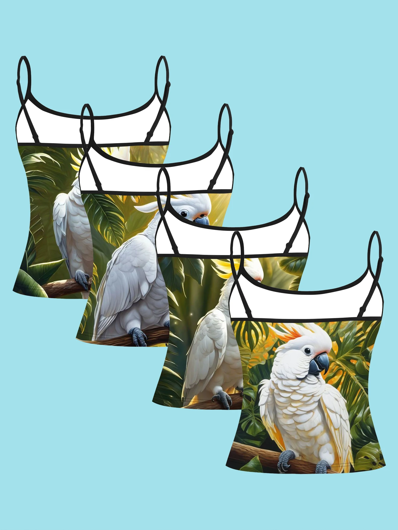 4-Piece Set with Rainforest White Parrot Pattern, Monstera Green Plant Background, Women's Spaghetti Strap Camisole Base Layer