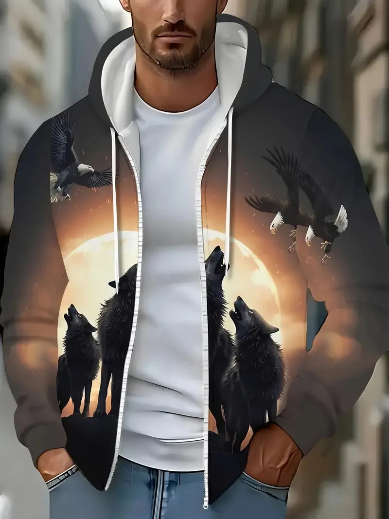 

Men's long sleeved zipper mountain top wolf print hooded sweatshirt men's sweatshirt autumn/winter casual outdoor jacket Men top