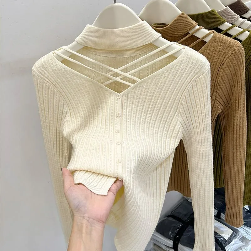 Cross Chic V-neck Sweater Pullover Women's 2024 Autumn New Sexy Show Collarbone Slim Fit Semi-turtleneck Knitted Top