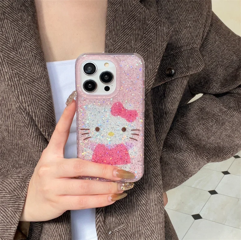 

Luxury Cartoon Cute Hello Kitty Bling Glitter Phone Case For iPhone 16 15 14 13 Pro Max 16 Pro Lovely Pink Bow KT Protect Cover