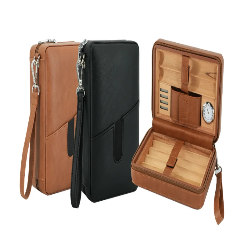 

6-Cigar Travel Humidor Case,Leather Zipper Bag with Cedar Lining & Hygrometer, Wrist Strap Gift Box for Men’s Cigar Storage