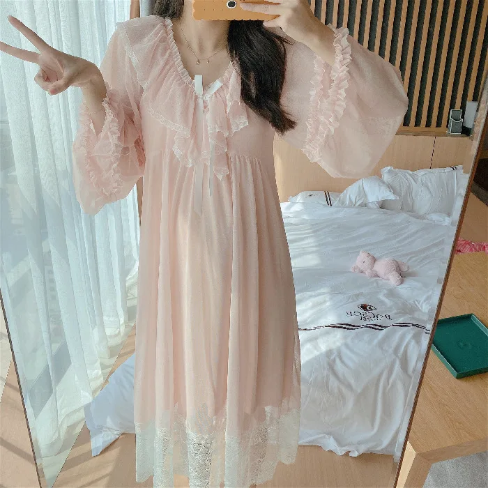 Sweet Palace Style Princess Nightdress Spring Summer Women Nightgown Sleepwear Nightwear Loose Home Dressing Gown Loungewear