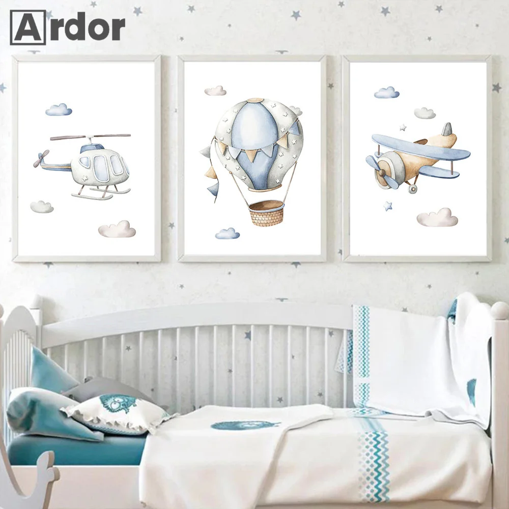 

Helicopter Hot Air Balloon Poster Canvas Painting Nursery Wall Art Print Airplane Posters Nordic Wall Pictures Kids Room Decor