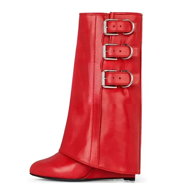 Autumn/Winter New Fashion Belt Buckle Knee Length Skirt Boots Thick High Heel Cowhide/pu Thick Sole Women's Mid Length Boots 43