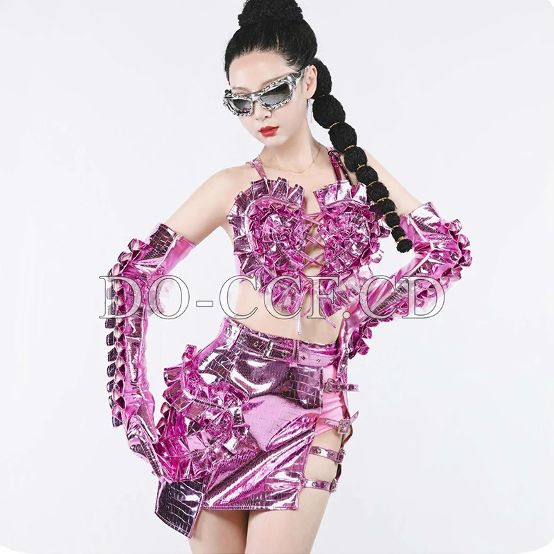 Drag Queen Show Outfits Gogo Dance Clothes Laser Pink Crop Top Skirt Set Women Stage Costume Cool Festival Rave Clothing  YJ608