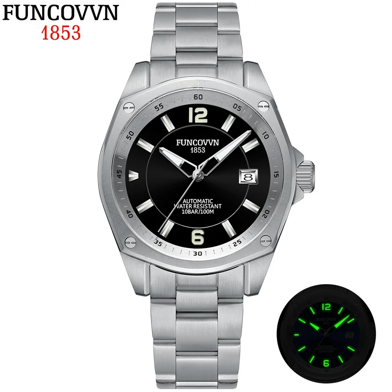 FUNCOVVN Mens Automatic Watches Men Dive Watch 100m Waterproof Mechanical Wristwatch BGW-9 Luminous Clock Sapphire Mirror