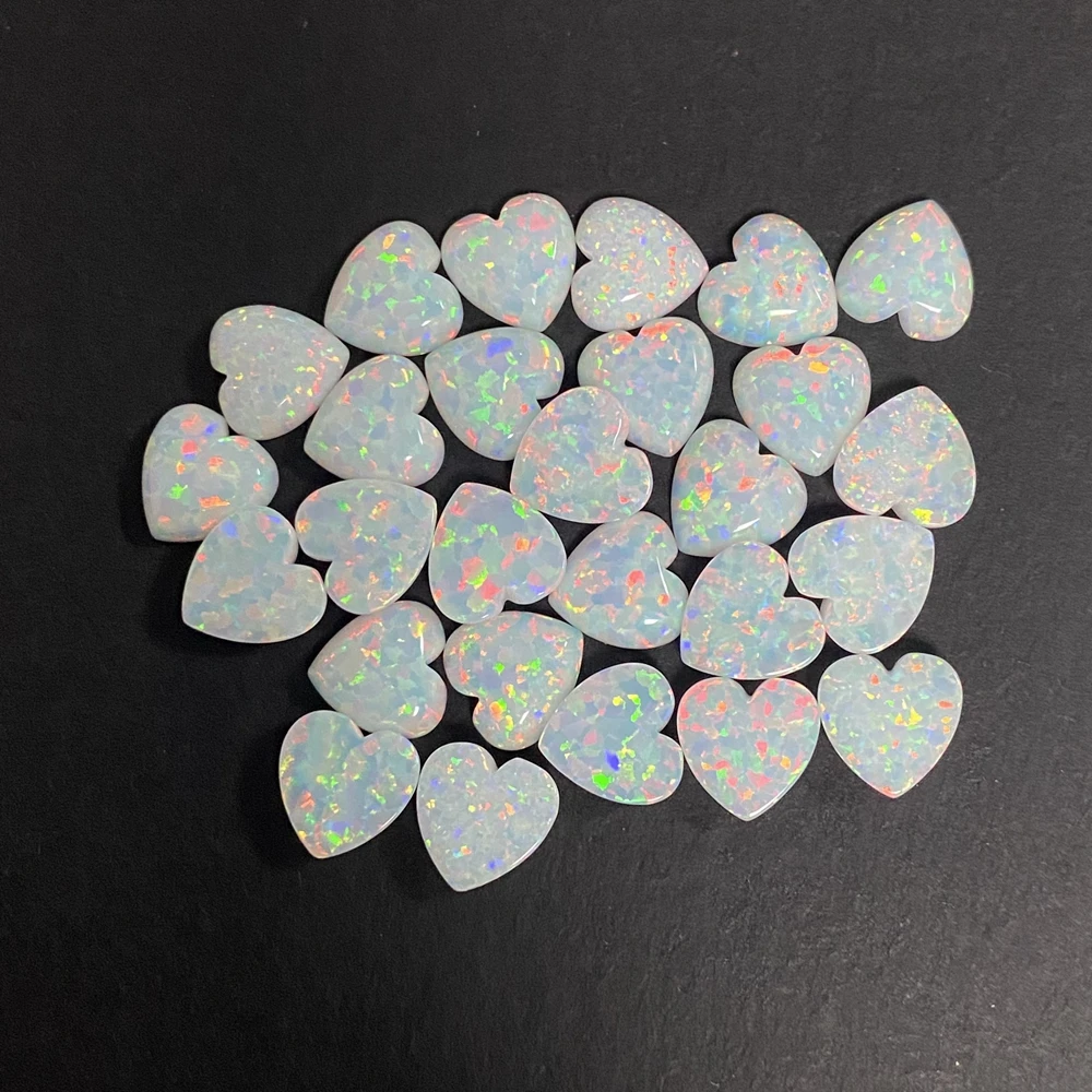 10 Pieces 1 Bag Synthetitc Flat Bottom 12mm White Fire Opal Heart Gemstone for Pendant