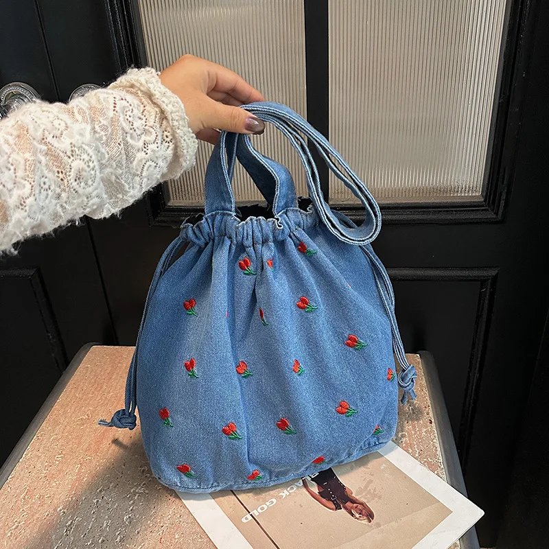 Japanese Embroidery Flower Denim Shoulder Bags for Women Large Capacity Ladies Handbag Tote Vintage Simple Drawstring Bucket Bag