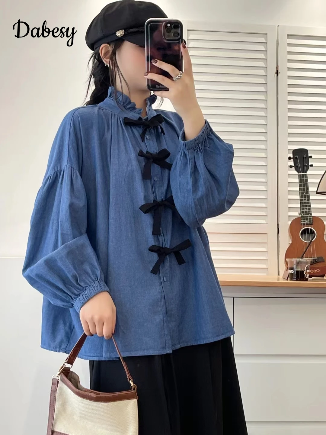 Vintage Gothic Sweet Bow Blue Denim Shirt Women Autumn Japanese Mori Girl Lantern Sleeves Lolita Blouses Casual Loose Kawaii Top