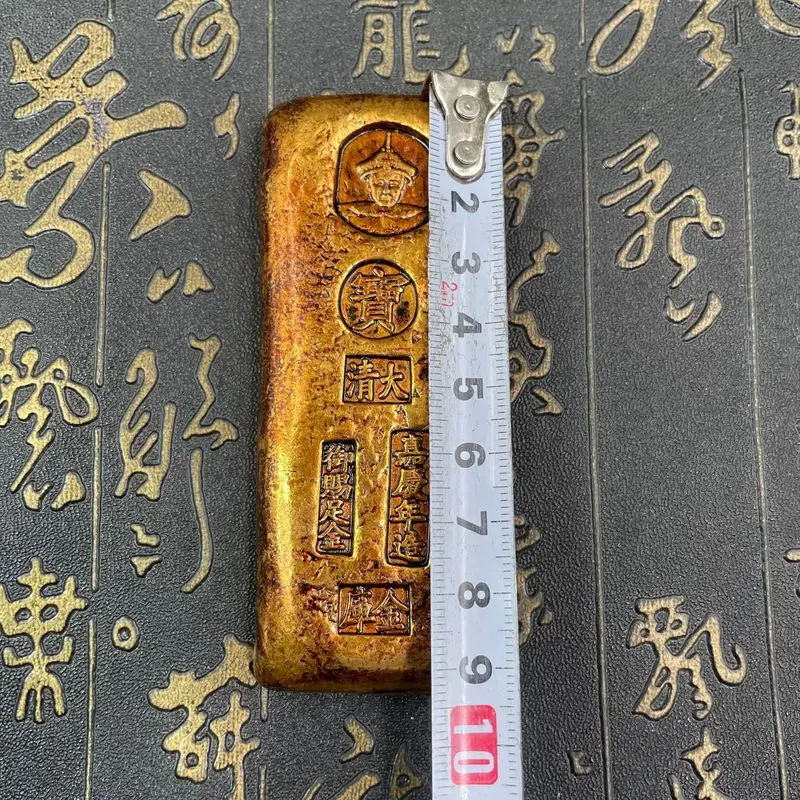 New antique -colored Qing Dynasty Jiaqing gold bar, solid brass prop, craft ornament