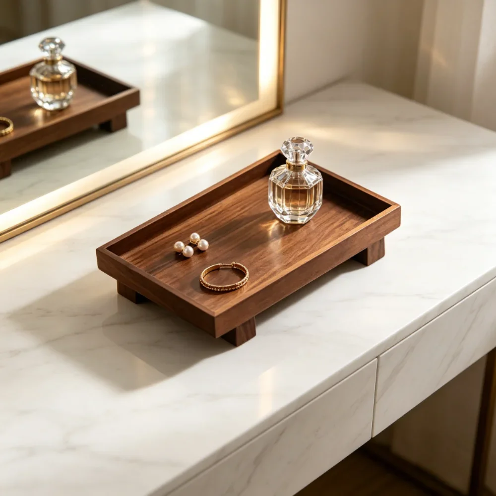 Japanese High Feet Solid Wood Tray, Retro Rectangular Plate for Jewelry Cosmetics Storage, Gongfu Tea Food Serving Tray 3