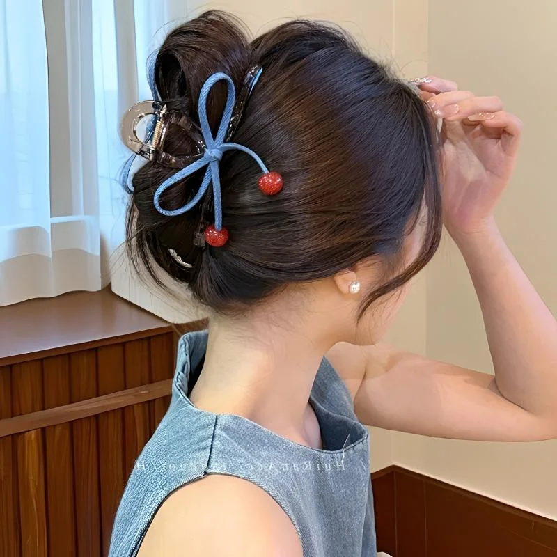 

Korean Twist Cherry Bow Sweet Hair Clip Women's New 2025 Shark Clamp Hair Accessory for Back of Head Bun Daily Use 2025