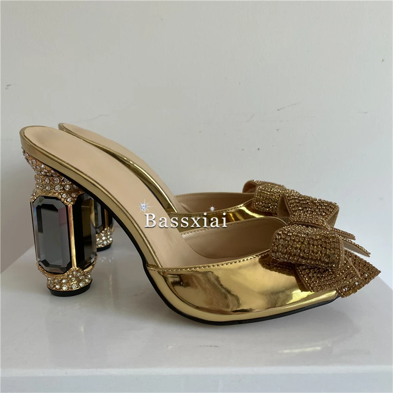 Crystal Jeweled Butterfly-Knot Sandals Women Luxury Patent Leather Ankle Strap Diamond High Heel Party Shoes Summer view 5