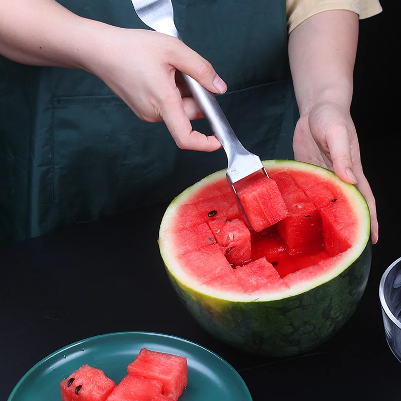 2 In 1 Portable Watermelon Fork Slicer Multi-purpose Watermelon Slicer Cutter Knife Stainless Steel Kitchen Fruit Cutting Fork