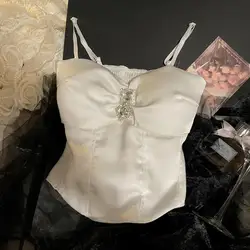 Womens Satin Lace Cami Top Rhinestone Detail Elegant Bridal Lingerie Corset Sleeveless Vneck Sexy Nightwear Party Date 2025 New