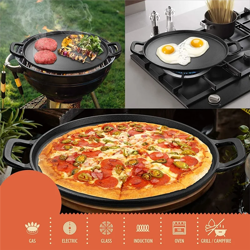 

ABLN-Cast Iron Плита для пиццы Стальная плита для пиццы с удобными ручками Глубокий камень для духовки или сковороды для газа