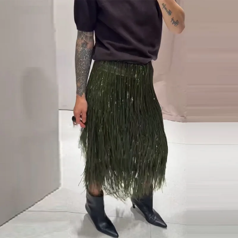 Glitzernder bestickter Rock für Damen, trendiges, unregelmäßiges, halblanges Kleid mit Quastensaum, 2025, neue A-Linien-Partyröcke mit hoher Taille