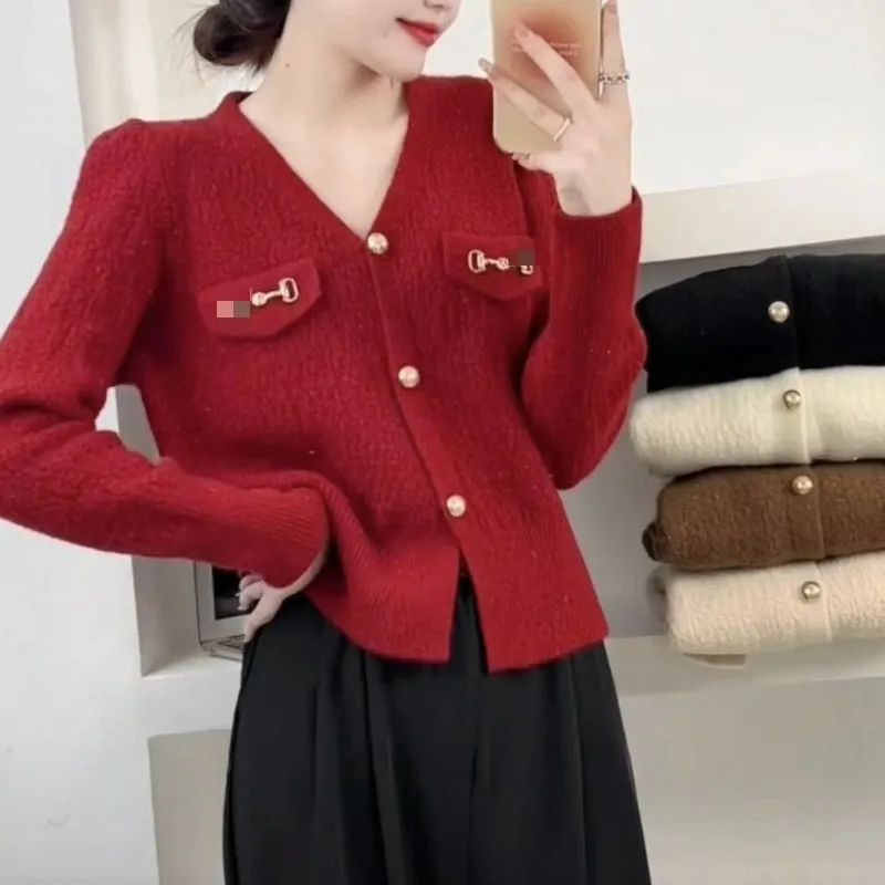 

Early Spring Fashion Knitwear Women Autumn and Winter Style All V-neck Long Sleeve Single Breasted Skinny Cardigan Sweater Trend