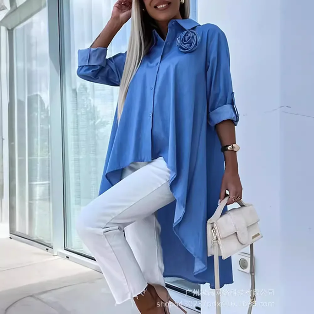 

Rose Detail Roll Up Sleeve Asymmetrical Hem Top Blue Solid Color Women Summer Long Shirt Loose Tops