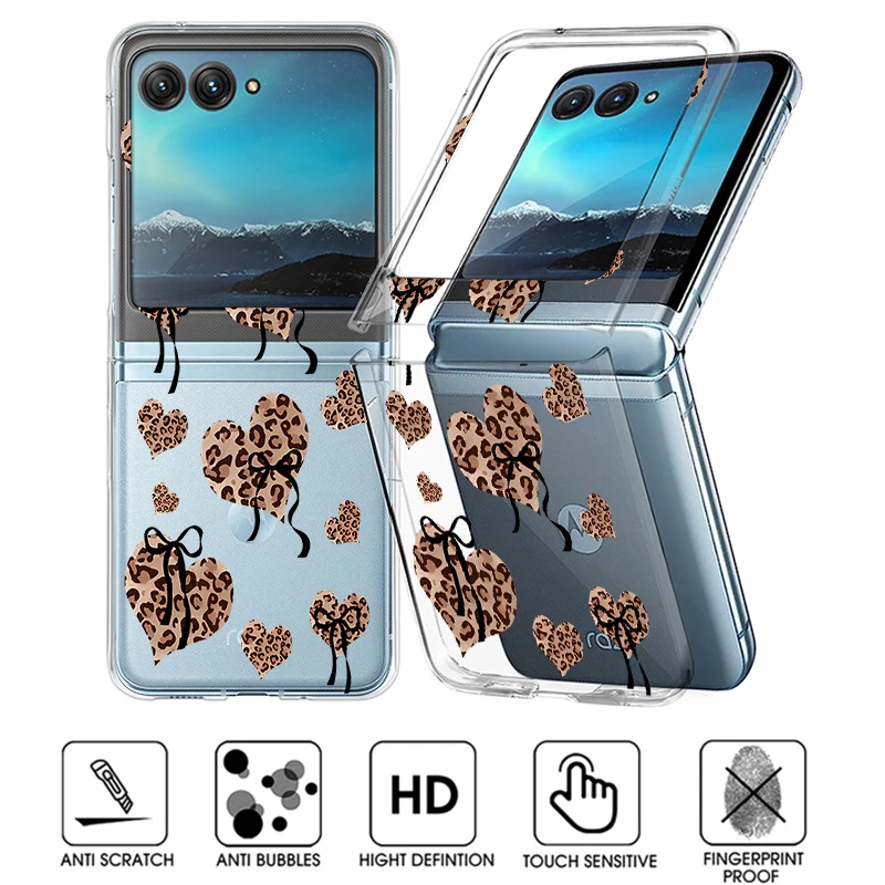 Leopard Print Hearts Pattern Clear Phone Case For Motorola Razr 60 50 40 Ultra Razr60 Razr50 Razr40 Shockproof Folding PC Cover
