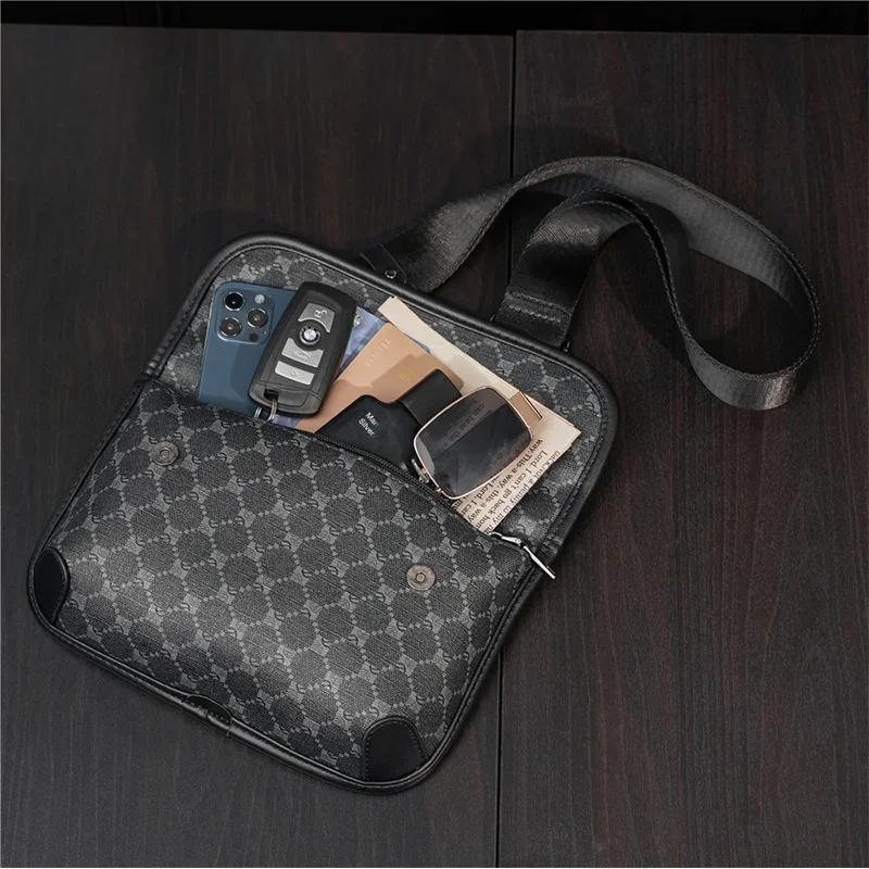 Fashion Plaid Shoulder Bag Men Crossbody Bag Brand Design PU Leather Business Square Messenger Bag Mobile Phone Bag Male Purses