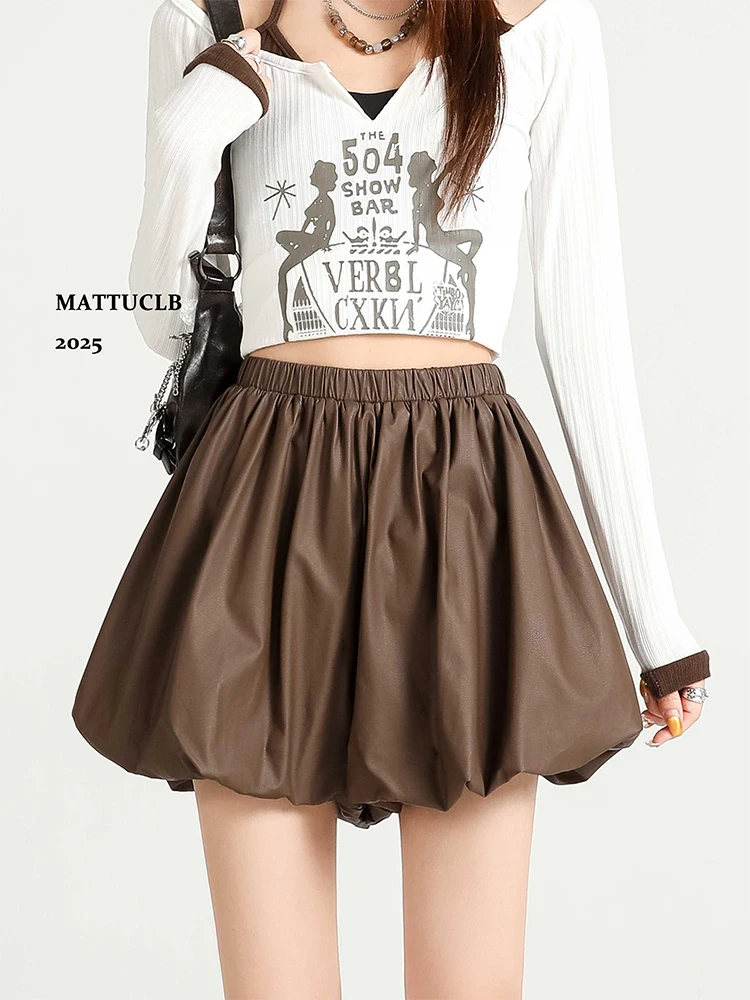 

2025 Autumn Winter Women Korean Elastic Waist Mini Skirt Pu Faux Leather 2000s Aesthetic Vintage Kpop Y2k Trendy New Design