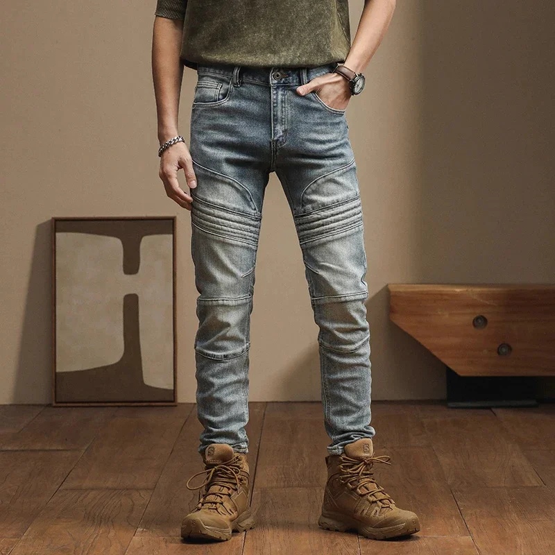 New American high-end trend Slim personality craft splicing biker small leg pants vintage men's jeans distortion denim