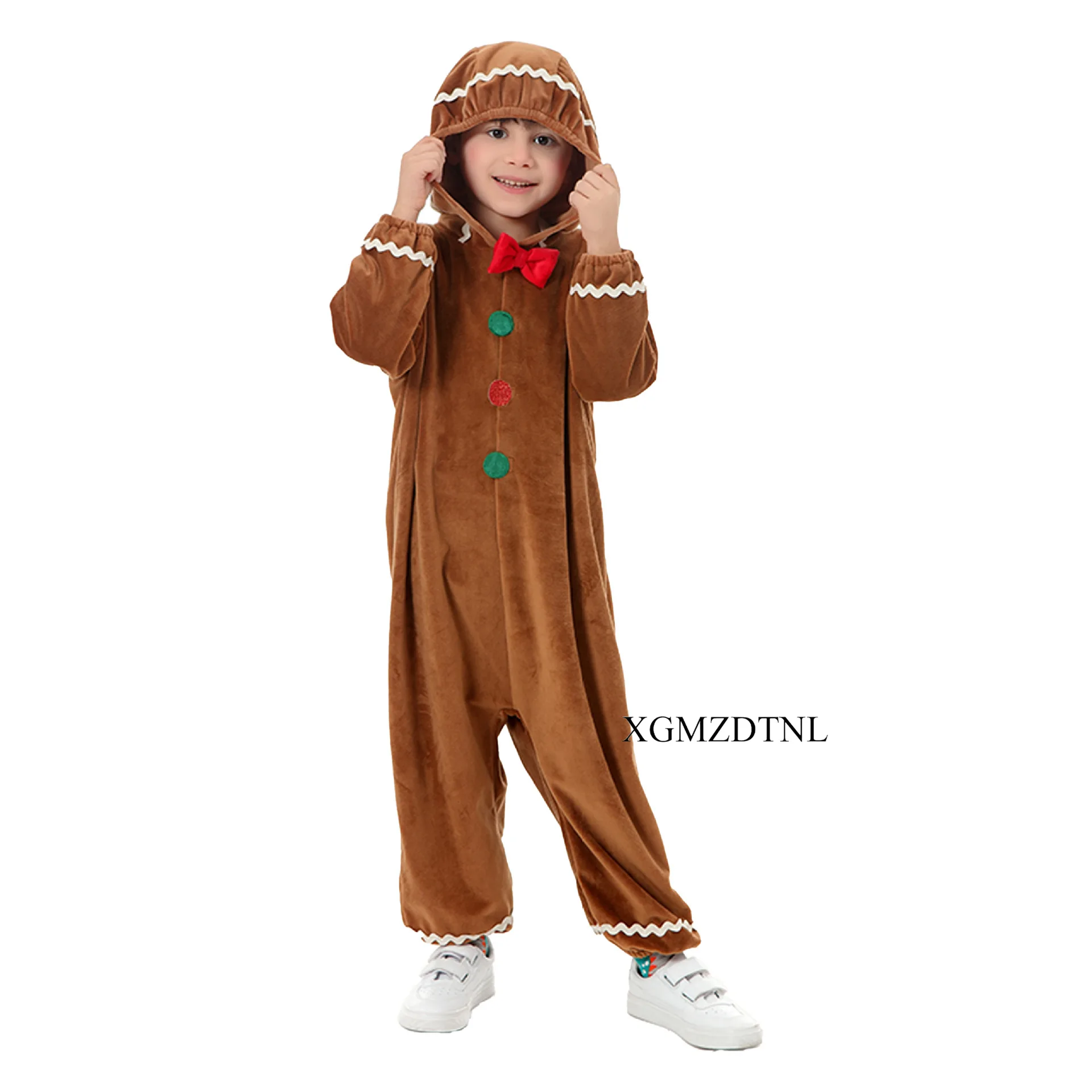 Christmas Children Cosplay Costume Boys and Girls Gingerbread Man Hooded Bodysuit New Year Party Dress Up Performance Suit Cute