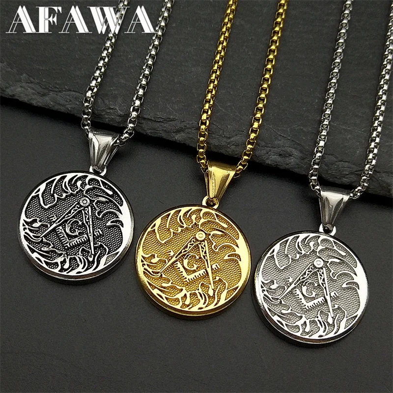 Mason Badge Freemasonry Symbol Round Medal Pendant Necklace for Women Men Stainless Steel Gold Color Mysterious Amulet Jewelry