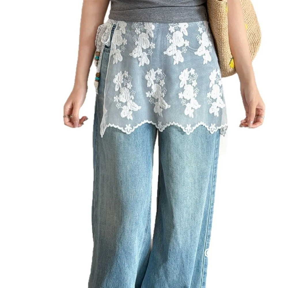 Stylish Jeans Decor Lace Fart Curtain Pretty Y2K Mini Skirt Slim Fit Versatile Women's Hip Curtain Summer