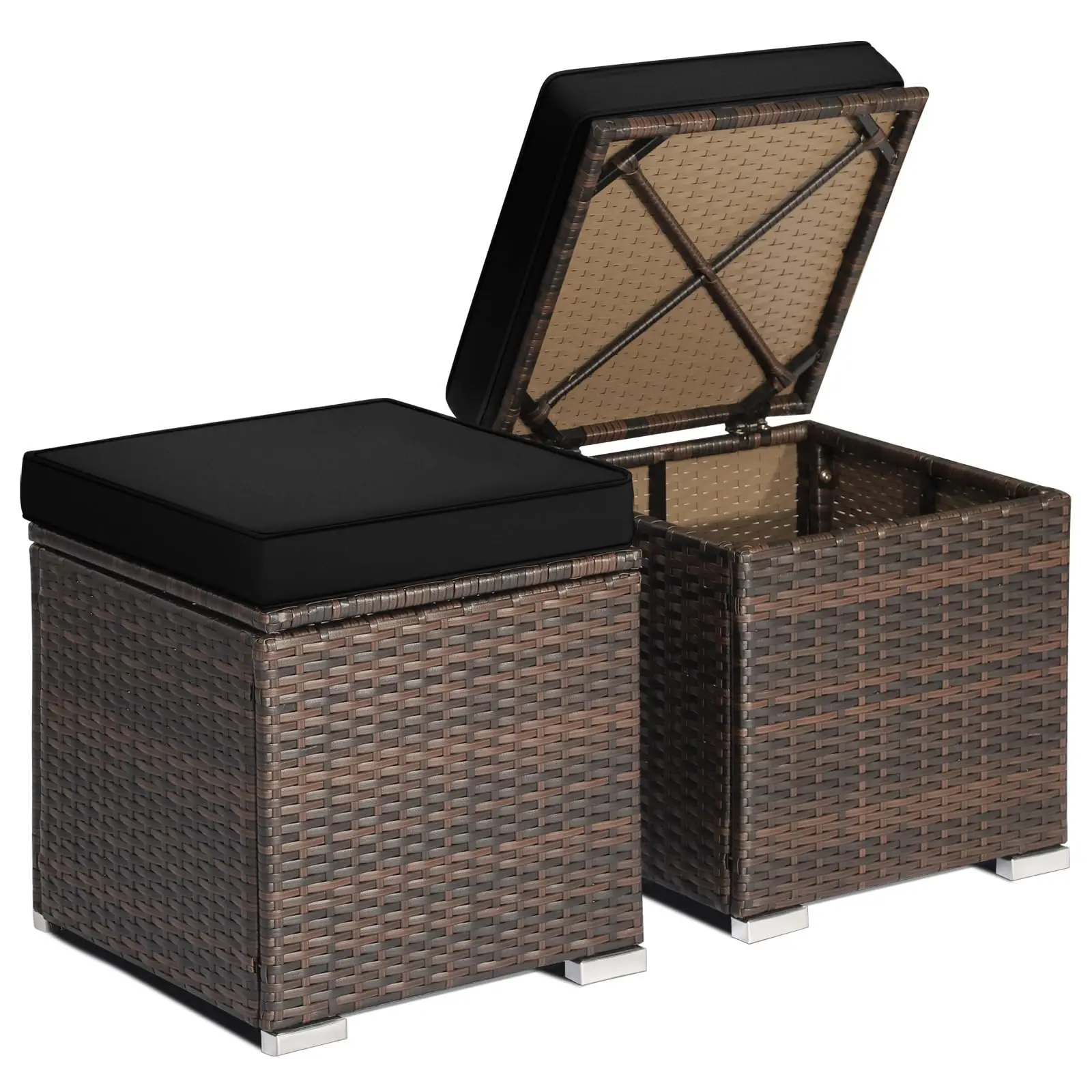 Wicker Outdoor Storage Ottoman, 2-Piece Rattan Footstool w/Removable Cushion, Multipurpose Footrest Stool Side Table